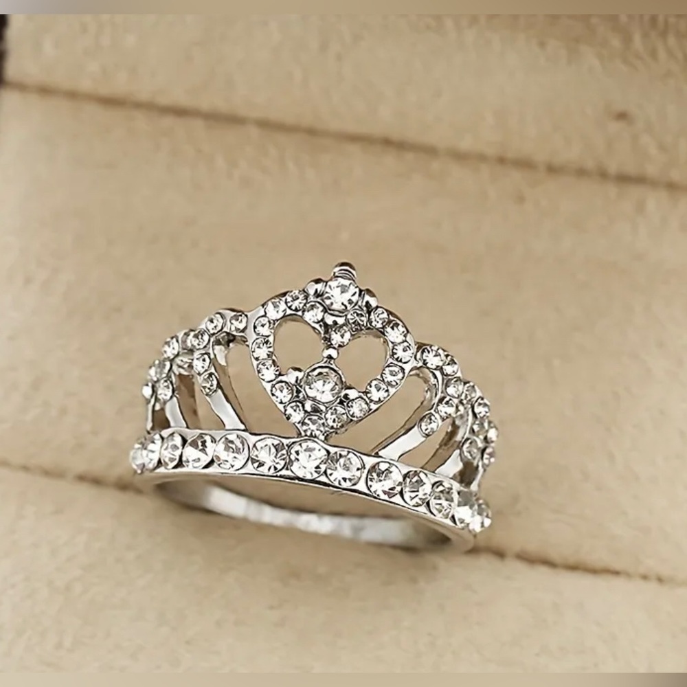 CLEARANCE! Princess Crown Silver Plated  Sparkling Promise Fashion Ring